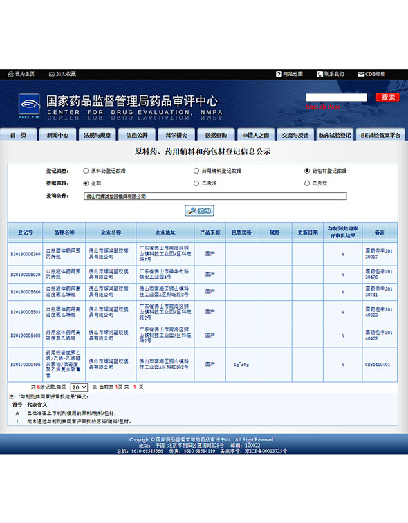 原料药、药用辅料和药包材等级信息公示